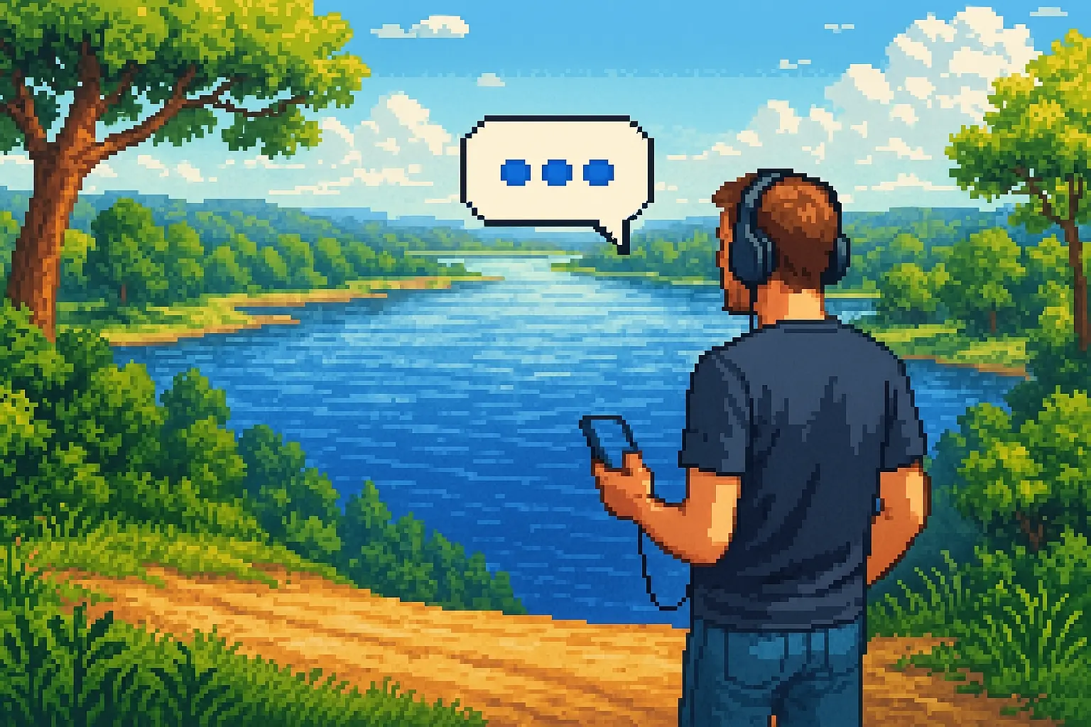 A serene river along the path where the protagonist continues the conversation with AI.